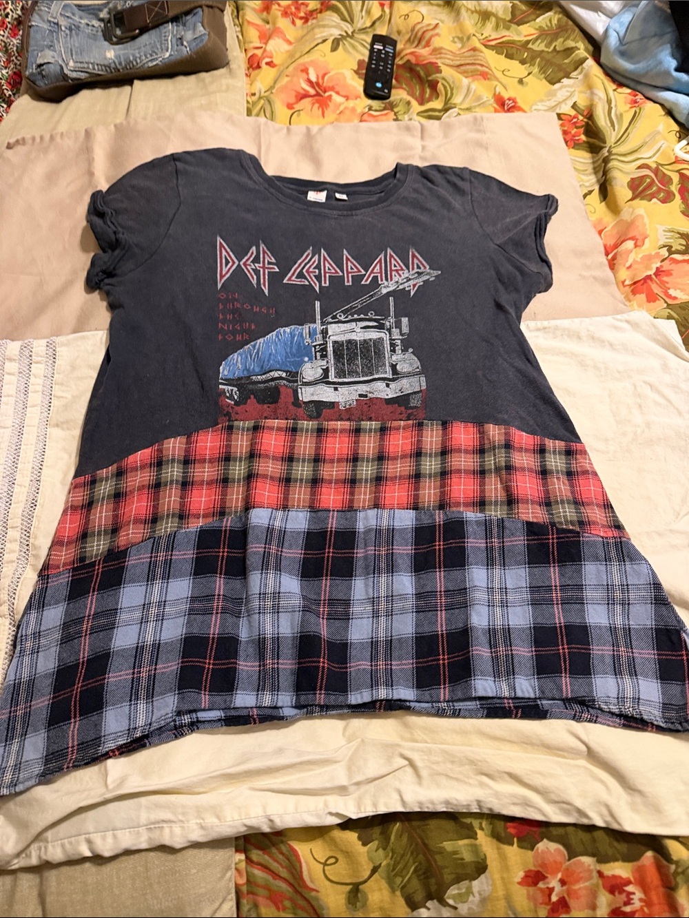 Junk Food Clothing Juniors Def Leppard Truck Tee with Red & Blue Plaid Panels